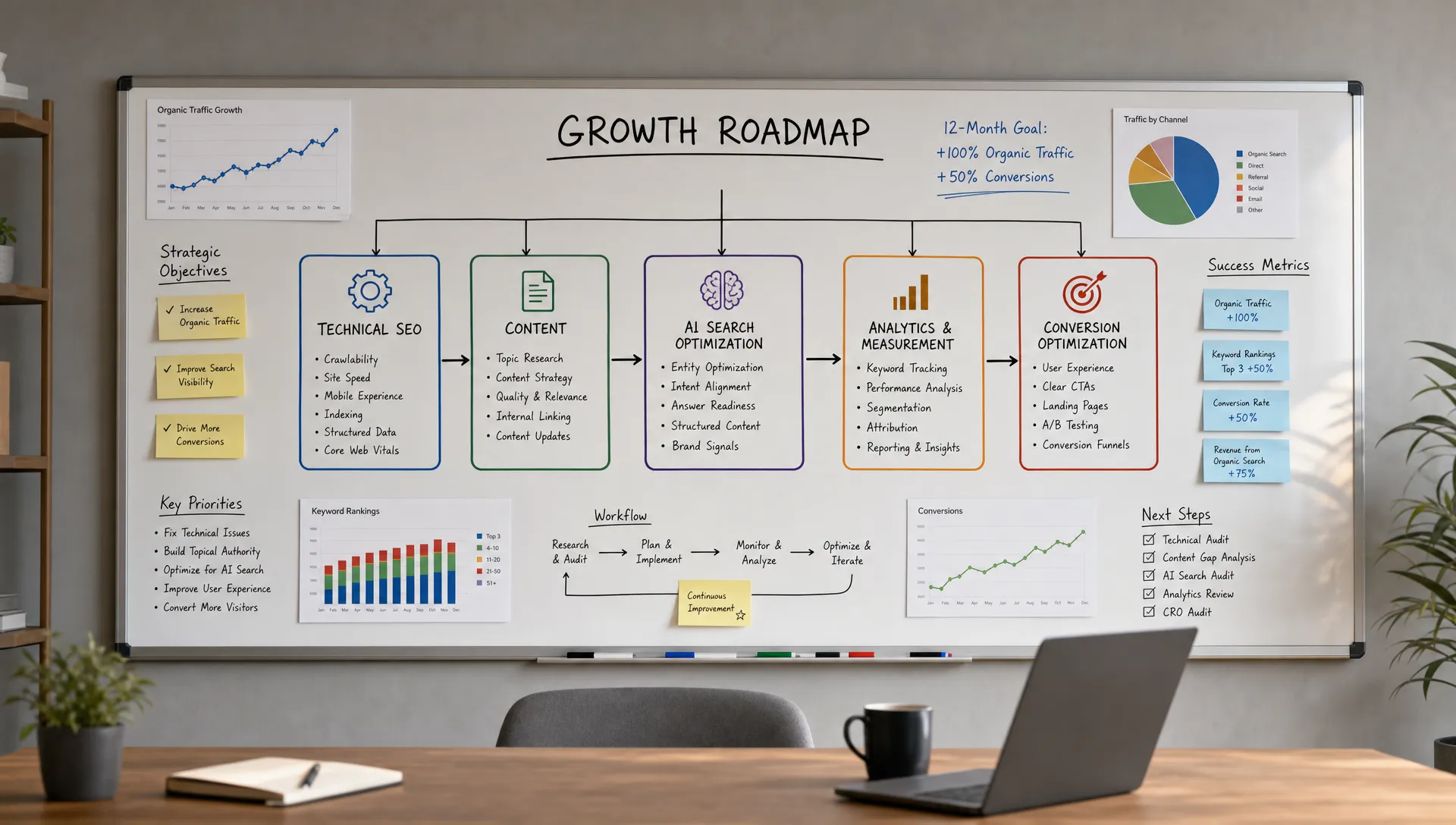 A planning board showing technical SEO, content, AI search optimization, analytics, and conversion pillars around a growth roadmap.