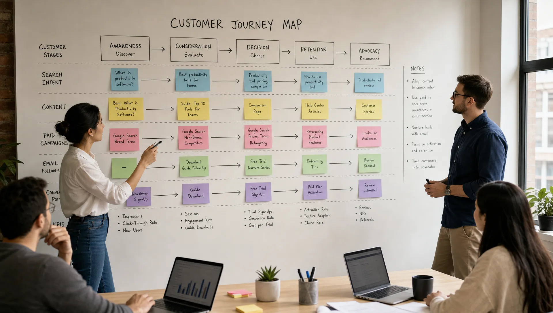 A marketing team mapping a customer journey on a wall, connecting search intent, content, paid campaigns, email follow-up, and conversion points with notes and arrows in a workshop room.