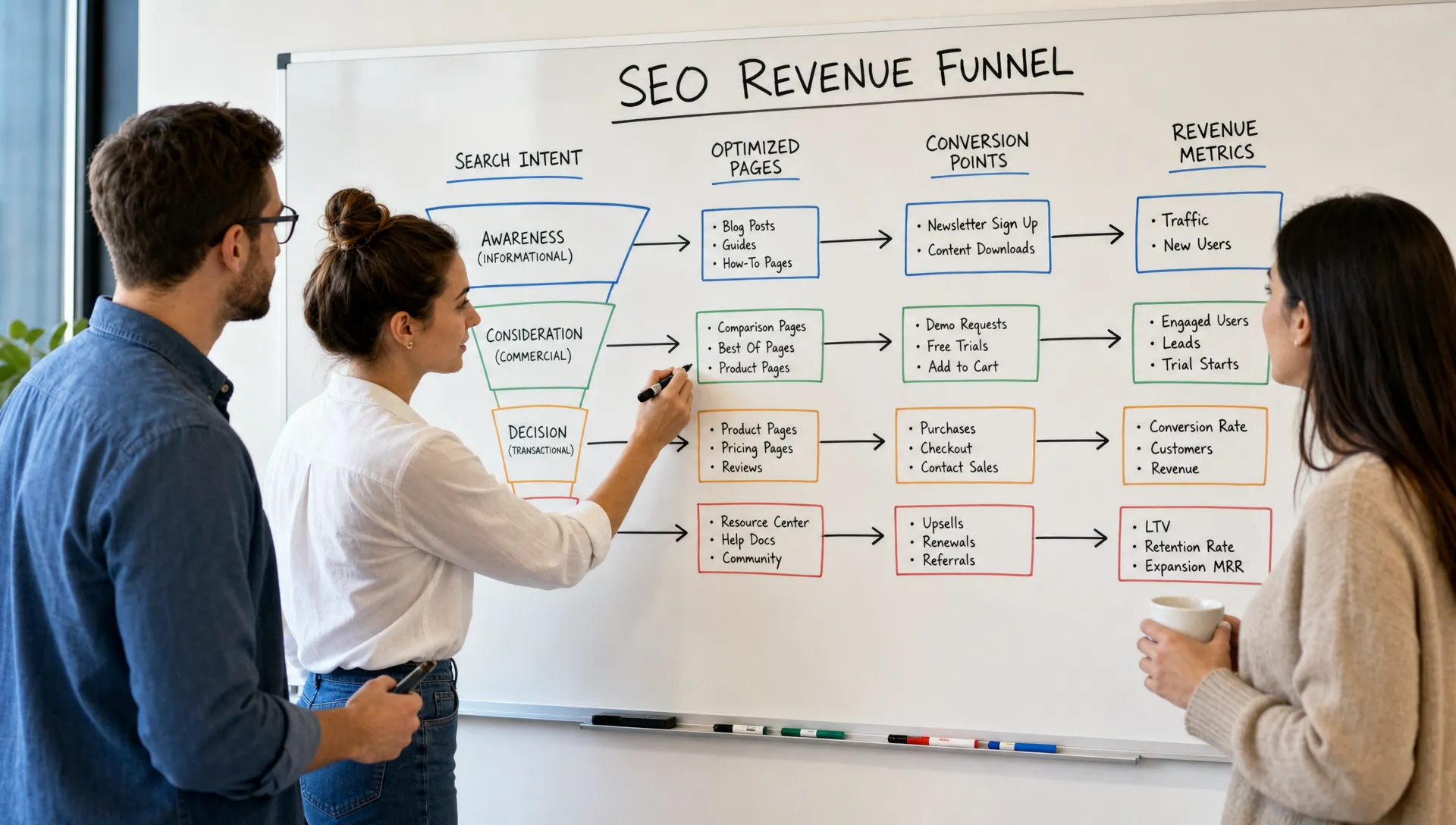 A marketing team maps an SEO revenue funnel on a whiteboard, showing search intent, optimized pages, conversion points, and revenue metrics connected in a clear workflow.