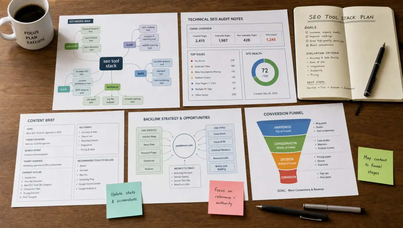 A tabletop layout with printed keyword maps, technical SEO audit notes, content brief cards, backlink diagrams, and conversion funnel sketches arranged for planning an SEO tool stack.