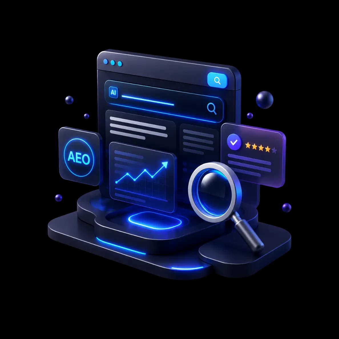 3D AI search dashboard with magnifier and search interface